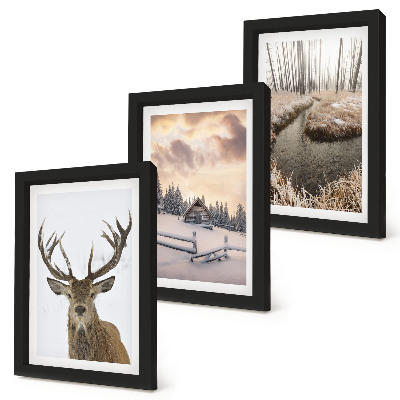 Triptych v ráme Zimná krajina s jeleňou búdou a potokom