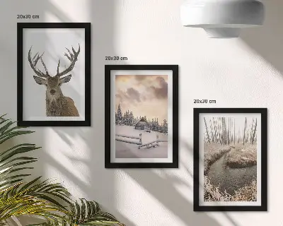 Zimná krajina s jeleňou búdou a potokom triptych v ráme