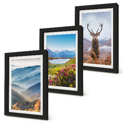 Triptych v ráme Horská krajina s jazerom a jeleňmi v prírode