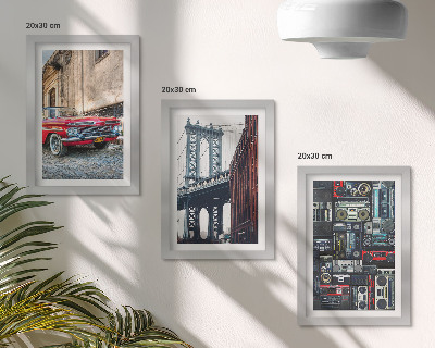 Sada obrazov do obývačky Staré auto na ulici neďaleko Brooklynského mosta a retro audio zariadenie
