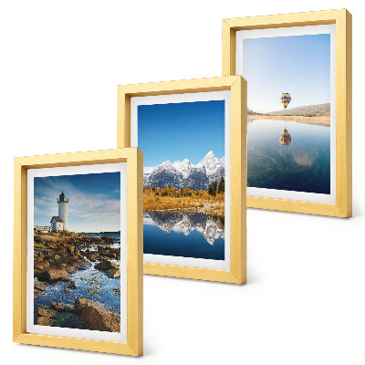 Triptych v ráme Výhľady na prírodu s majákom, horami, jazerom a balónom