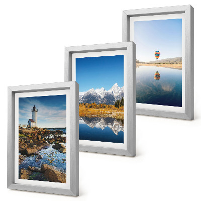 Triptych v ráme Výhľady na prírodu s majákom, horami, jazerom a balónom