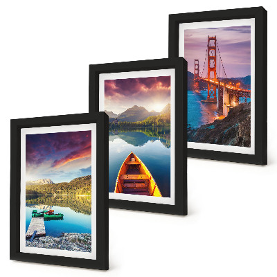 Triptych v ráme Výhľady na hory s jazerami, loďkami a mostom