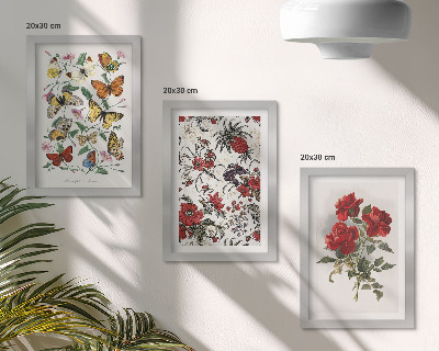 Triptych v ráme Motýle, kvety a červené ruže v klasickom štýle