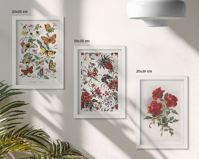 Triptych v ráme Motýle, kvety a červené ruže v klasickom štýle