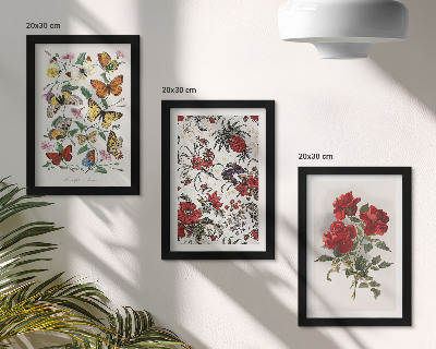 Triptych v ráme Motýle, kvety a červené ruže v klasickom štýle