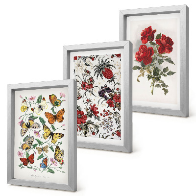 Triptych v ráme Motýle, kvety a červené ruže v klasickom štýle