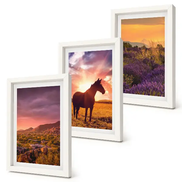 Horská krajina s koňmi a levanduľovými poľami triptych v ráme