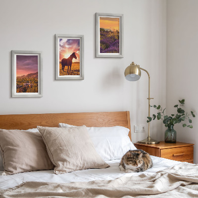 Triptych v ráme Horská krajina s koňmi a levanduľovými poľami