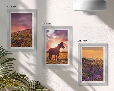 Triptych v ráme Horská krajina s koňmi a levanduľovými poľami