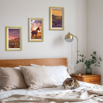Triptych v ráme Horská krajina s koňmi a levanduľovými poľami
