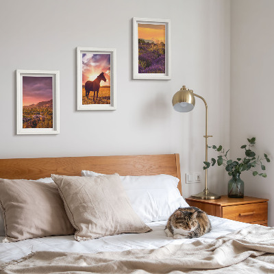 Triptych v ráme Horská krajina s koňmi a levanduľovými poľami