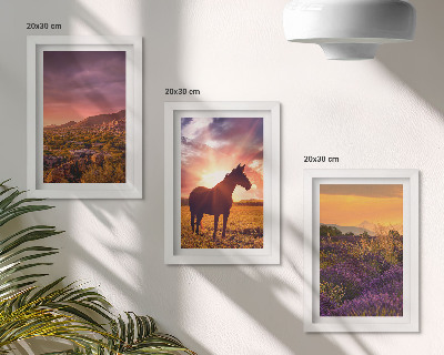 Triptych v ráme Horská krajina s koňmi a levanduľovými poľami