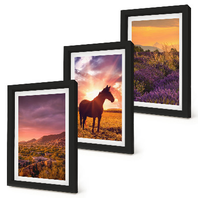 Triptych v ráme Horská krajina s koňmi a levanduľovými poľami