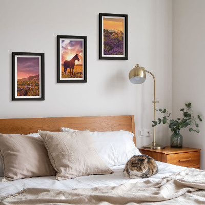 Triptych v ráme Horská krajina s koňmi a levanduľovými poľami