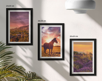 Triptych v ráme Horská krajina s koňmi a levanduľovými poľami