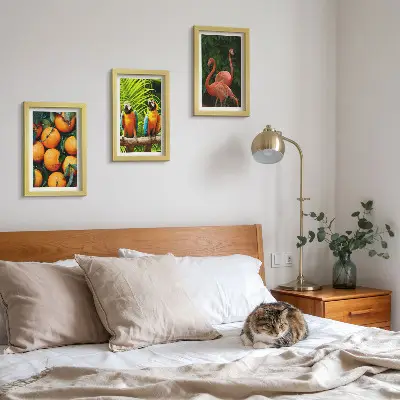 Ovocné akcenty s papagájmi a plameniakmi v trópoch triptych v ráme
