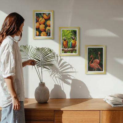 Triptych v ráme Ovocné akcenty s papagájmi a plameniakmi v trópoch