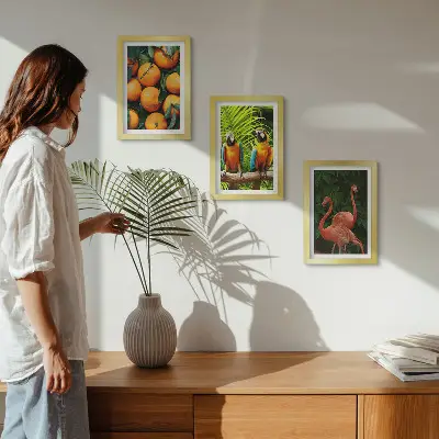 Ovocné akcenty s papagájmi a plameniakmi v trópoch triptych v ráme