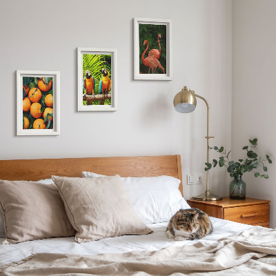 Triptych v ráme Ovocné akcenty s papagájmi a plameniakmi v trópoch
