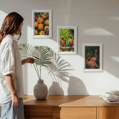 Triptych v ráme Ovocné akcenty s papagájmi a plameniakmi v trópoch
