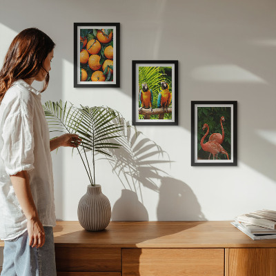 Triptych v ráme Ovocné akcenty s papagájmi a plameniakmi v trópoch