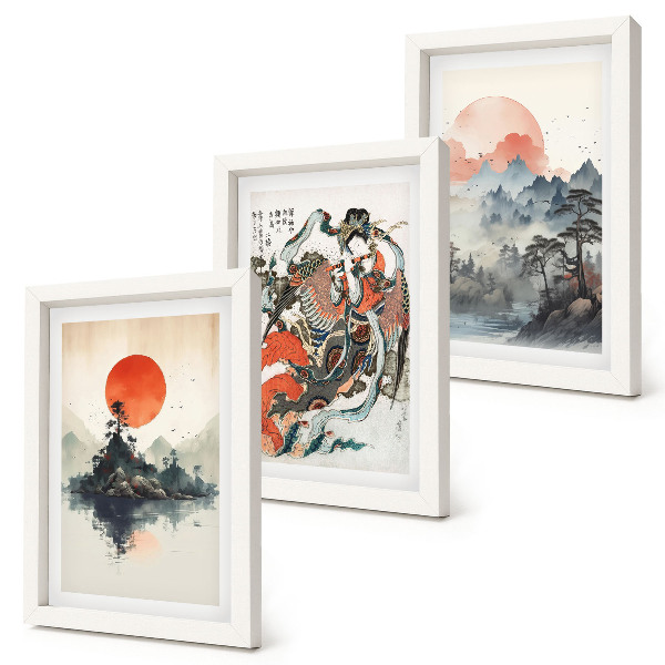 Triptych v ráme Ázijské krajinomaľby a portréty v štýle Japandi