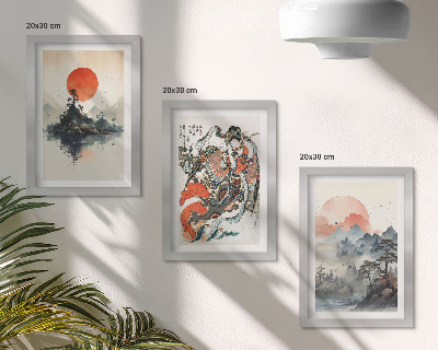 Triptych v ráme Ázijské krajinomaľby a portréty v štýle Japandi
