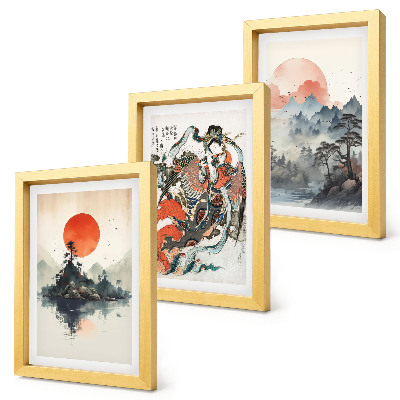 Triptych v ráme Ázijské krajinomaľby a portréty v štýle Japandi