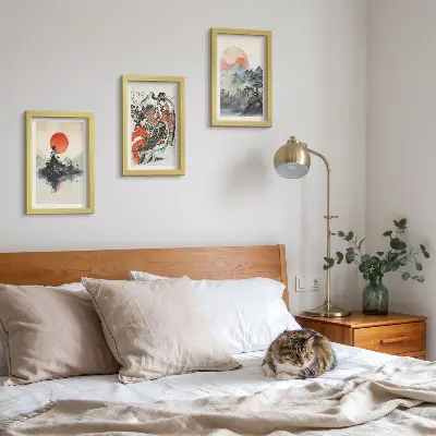Ázijské krajinomaľby a portréty v štýle Japandi triptych v ráme