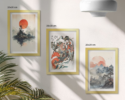 Triptych v ráme Ázijské krajinomaľby a portréty v štýle Japandi