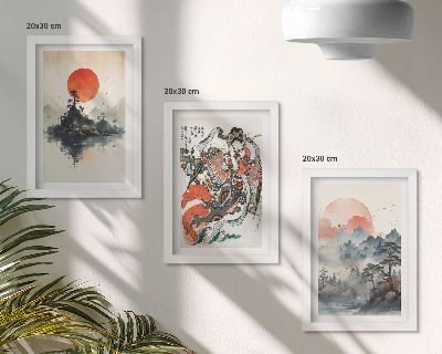 Triptych v ráme Ázijské krajinomaľby a portréty v štýle Japandi