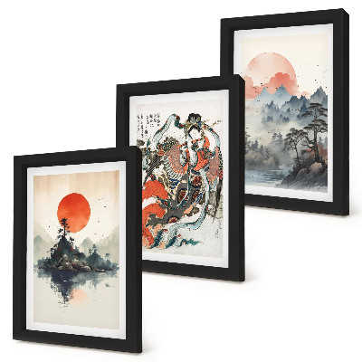 Triptych v ráme Ázijské krajinomaľby a portréty v štýle Japandi
