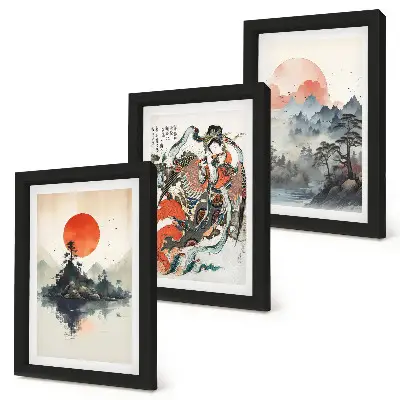 Ázijské krajinomaľby a portréty v štýle Japandi triptych v ráme