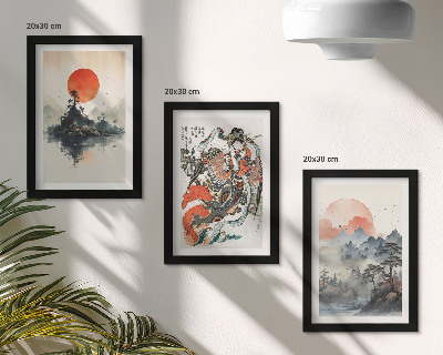 Triptych v ráme Ázijské krajinomaľby a portréty v štýle Japandi