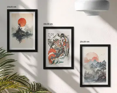 Ázijské krajinomaľby a portréty v štýle Japandi triptych v ráme