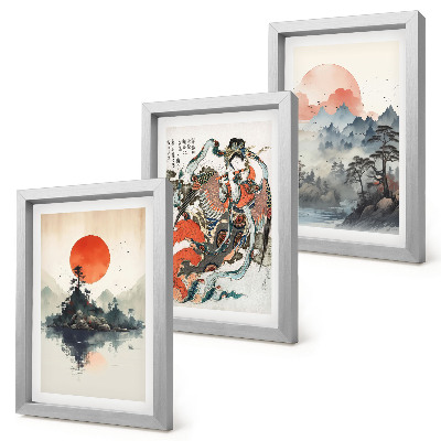 Triptych v ráme Ázijské krajinomaľby a portréty v štýle Japandi