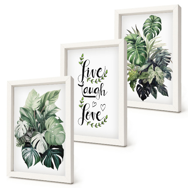 Triptych v ráme Listnaté rastliny s nápismi žiť, smiať sa, milovať
