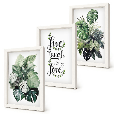 Triptych v ráme Listnaté rastliny s nápismi žiť, smiať sa, milovať