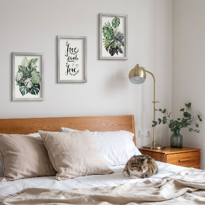 Triptych v ráme Listnaté rastliny s nápismi žiť, smiať sa, milovať