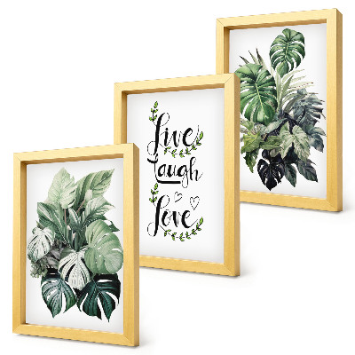 Triptych v ráme Listnaté rastliny s nápismi žiť, smiať sa, milovať