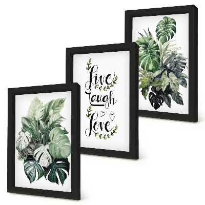 Triptych v ráme Listnaté rastliny s nápismi žiť, smiať sa, milovať