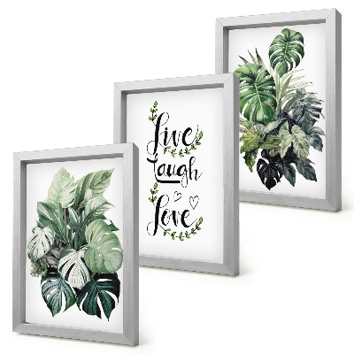 Triptych v ráme Listnaté rastliny s nápismi žiť, smiať sa, milovať