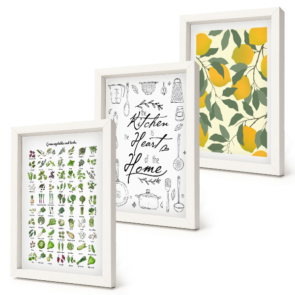 Triptych v ráme Zoznam byliniek, kuchynská tabuľa a maľované citróny