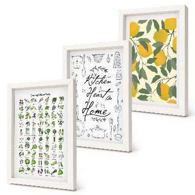Triptych v ráme Zoznam byliniek, kuchynská tabuľa a maľované citróny
