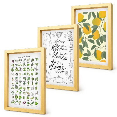 Triptych v ráme Zoznam byliniek, kuchynská tabuľa a maľované citróny
