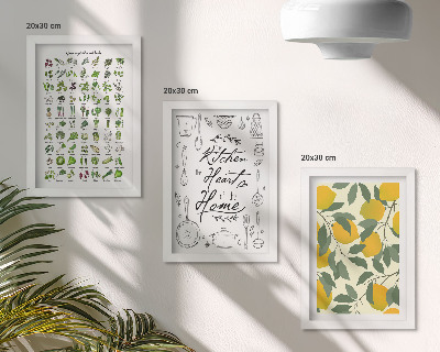 Triptych v ráme Zoznam byliniek, kuchynská tabuľa a maľované citróny