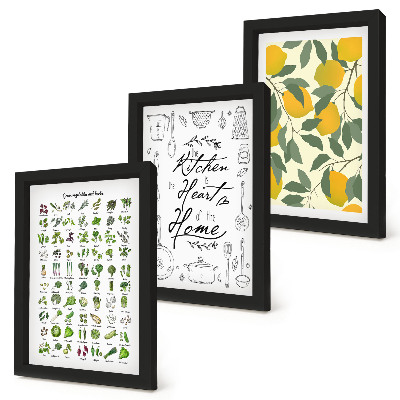 Triptych v ráme Zoznam byliniek, kuchynská tabuľa a maľované citróny