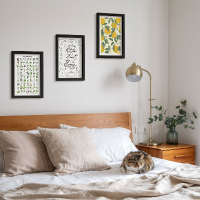 Triptych v ráme Zoznam byliniek, kuchynská tabuľa a maľované citróny
