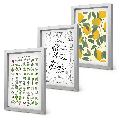 Triptych v ráme Zoznam byliniek, kuchynská tabuľa a maľované citróny